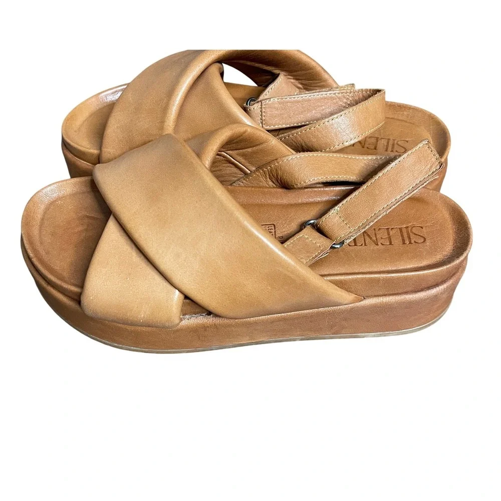 Silent D Pier Tan Leather‎ Platform Slingback Sandals EU 38 Women 7.5-8 Brown